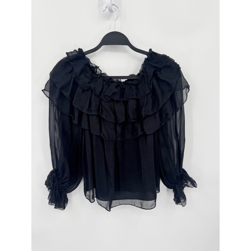 Alice + Olivia Ruffle Blouse Women S Black Silk Tiered Sheer Romantic